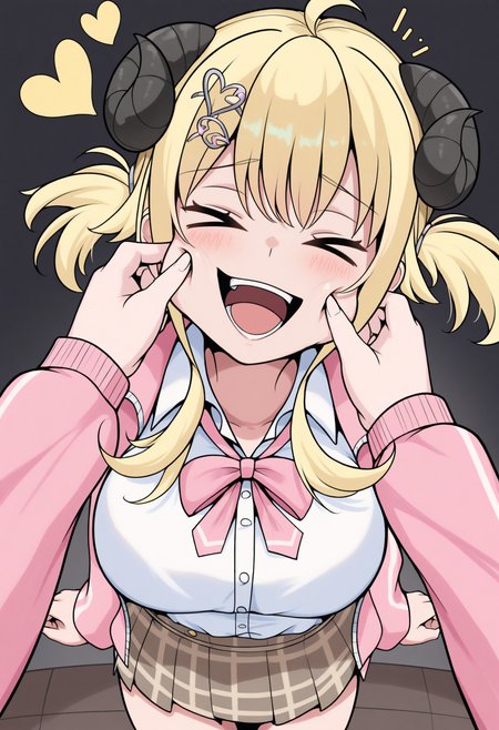 masterpiece, best quality, 1girl, solo, W4tameUni, horns, blonde hair, short hair, ahoge, pigtails, long sidelocks, heart hair ornament, pink jacket, track jacket, open jacket, white shirt, pink bow, plaid skirt, brown skirt, pov, cheek pinching, deep skin, open mouth, wavy hair, blush, looking at viewer, laughing, closed eyes, > <, <lora:ChamTsunomakiWatameNoob:1>