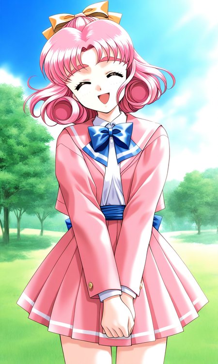 general,highres, ultra-detailed,very aesthetic,best quality ,best hands, BREAK <lora:Minagawa_Nana_kakyuusei_Ver2.0_IS:1>
Minagawa_Nana(kakyuusei), 1girl, solo, pink hair, short hair, hair bow, ribbon, closed eyes, curly hair, 
open mouth,
school uniform, long sleeves, bangs, pink skirt, pink jacket, pleated skirt, blue bow, white shirt, blue sash,
smile, v arms, cowboy_Shot, open jacket,
grass, tree, sky, day,