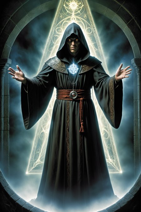 by ((( Chris Leib ) and  Dora Carrington ) and  Dave Dorman ) and  John Howe  ,   mysterial conjuring horror cultist  , full body length  <lora:more_art:0.30><lora:clothing_slider:2.00><lora:great_lighting:1.30><lora:aesthetic:1.15><lora:photorealistic_portrait:1.25><lora:RMSDXL_Enhance:0.45><lora:RMSDXL_Creative:0.35><lora:RMSDXL_Photo:0.45><lora:RMSDXL_Darkness_Cinema:0.50><lora:XDetail_heavy:0.45><lora:perfect_eyes:0.15><lora:perfect_hands:0.15><lora:midjourney:-0.15><lora:looking_at_viewer:0.75><lora:dpo:0.25>