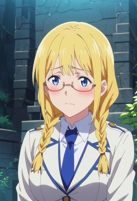 <lora:GEN 0.1v:0.8><lora:modern_anime_screencap_v1_0:0.8>,source_anime,score_9,score_8_up,score_7_up,score_6_up, 3 1girl, braids, blonde hair, blue eyes, She poses Shy, (((shy))) introvert, , and a white blazer in the school uniform design, solo ((in ruins)) girl fat (((very fat))) ((fat)) ,tie, glasses, detailed background, moss, anime screencap