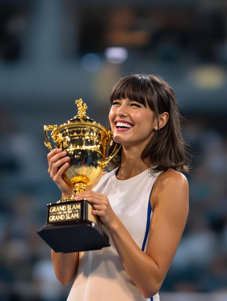 A 3/4 shot, eye-level perspective, of a 22-year-old Caucasian female tennis player with shoulder-length brown-black hair styled in blunt bangs, radiating joyous laughter as she receives a grand slam award.  Her celebratory pose showcases dynamic movement; she's slightly leaning forward, one arm raised high in victory, clutching the large golden trophy, while the other hand rests lightly on her hip, her body angled towards the viewer. She wears a pristine white tennis dress, accented by a thin blue stripe down each side, a vibrant, stylish contrast. Her facial expression is one of pure, unadulterated elation; her eyes sparkle with delight, crinkling at the corners, while her full lips are parted in a genuine, infectious laugh.  The trophy gleams, its golden surface reflecting the warm, ambient lighting of the awards ceremony. The background is softly blurred, showcasing a muted palette of elegant blues and grays, hinting at a sophisticated indoor stadium setting.  The overall atmosphere is one of vibrant energy and triumphant celebration, rendered in a photorealistic style with a slight emphasis on luminosity and realistic skin textures, evoking the feeling of a captured moment of pure joy.  The mood is celebratory, capturing the euphoric feeling of a hard-fought victory.  The image's composition guides the viewer’s eye directly to the player's radiant expression, emphasizing her triumph. The lighting is soft and diffused, highlighting her features without harsh shadows.