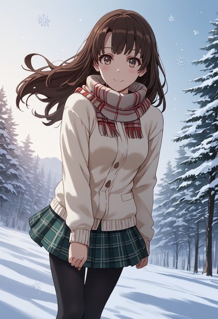 score_9, score_8_up, score_8, score_7_up, score_7, source_anime, 
1girl, katou megumi, Megumi <lora:KatoMegumi:1>,brown hair,katou megumi,brown eyes, medium breasts , long hair,  masterpiece, best quality, winter theme, snowy background, cozy knitted sweater (cream), plaid scarf (red and green), long wool skirt (navy), black tights, snow boots, light blush on cheeks, snowflakes in hair, snow-covered pine trees in the background, soft and diffused lighting, slight smile, warm and cozy atmosphere, over-the-shoulder perspective, muted pastel color palette, cinematic framing, fine details dynamic angle, dynamic pose, looking at viewer