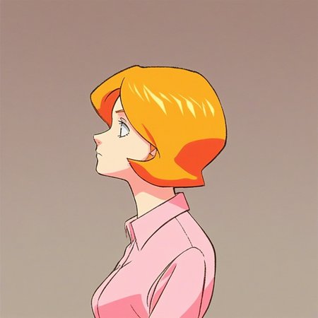 score_9, solo, lindsey_thorndyke, orange hair, short hair, pink collared shirt