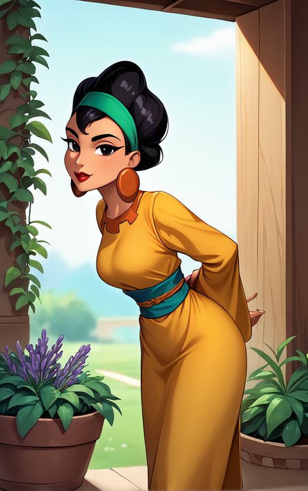 score_9, score_8_up, score_7_up, score_6_up, looking at viewer,  BREAK
MainOutfit_EmprorerGroove_Chicha_ownwaifu, 
1girl, black hair, dark-skinned female, jewelry, black eyes, makeup, lipstick, short hair, headband, hairband, red lips, hair bun, breasts, hoop earrings, single hair bun,
yellow dress, long sleeves, wide sleeves, japanese clothes, belt, orange dress, sash, 
(leaning forward, arms behind back), cowboy shot, garden, wisteria, outdoors, <lora:PONYXL_EmprorerGroove_Chicha_ownwaifu:0.85> , depth of field, solo,