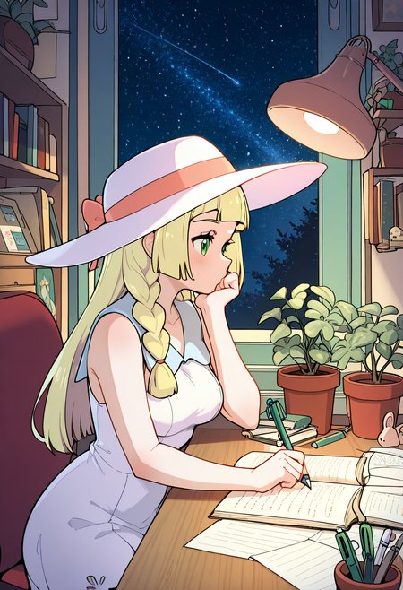 masterpiece, best quality, medium breasts, (curvy),   BREAK, zzLillie, long hair, braid, sun hat, white headwear, collarbone, sleeveless dress, white dress, <lora:LilliePokemonIXL:1.0>,zzLofi, sitting, side view, desk, chair, book, bookshelf, head rest, holding, holding pen, lamp, night, open book, pen, plant, potted plant, sky, star (sky), starry sky, window, windowsill, writing,   ,    <lora:LofiGirl_Style_IXL:1.0>,