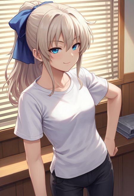 zPDXL, source_anime, cowboy shot,  BREAK
tomori nao, ponytail, hair bow, black pants, white shirt, short short sleeves, 
closed mouth, naughty face,
standing,
indoors   <lora:nao-ponyxl-kohya-006:0.6>