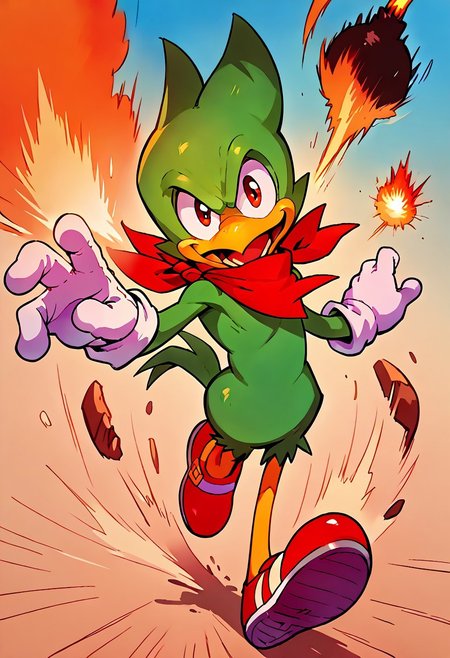 score_9, score_8, score_7, score_6, 1man, solo, furry, anthro, anthro bird, source_cartoon, Bean the Dynamite, red neckerchief, green skin, simple background, full body, portrait, looking at viewer, red shoes, white gloves, open mouth, dynamic pose, explosion background, colorful background,