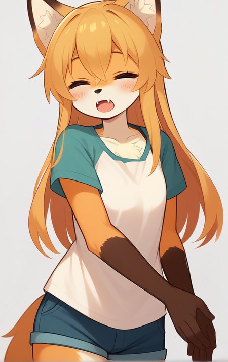 score_9, score_8_up, score_7_up,score_6_up,score_5_up, source_furry, source_cartoon, 1girl, solo, cub, animal ears, long hair, furry female, furry, tail, closed eyes, fox girl, fox tail, fox ears, happy mouth, happy eyebrow, shirt, white background, looking at viewer, simple background, shorts, fangs, white shirt, blush, cowboy shot, very long hair, short sleeves, brown fur, body fur, short shorts, blonde hair, collarbone, animal nose, bangs, :d, standing, raglan sleeves, animal ear fluff, two-tone fur, hair between eyes, <lora:Kurena_pony_v1:1.2>, krn, <lora:p:0.35>