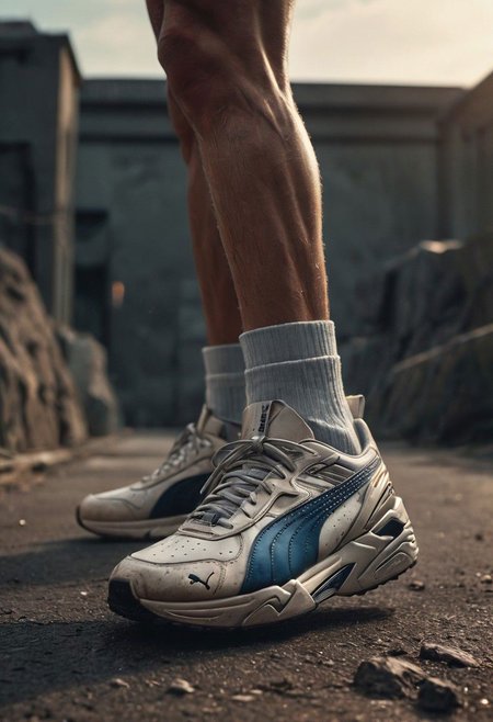 Super Closeup, a detailed running Cyborg Leg in samba retro Sneaker, in Motion, Explore the stark contrast between the ominous, sunset landscape, dystopian backdrop and the vibrant shoes in descent. Running to Edge of Cliff, Dive into the emotions, obstacles, and enigmatic ambiance conveyed by this distinctive scenario. very detailed, raw photo, photorealistic, high detailed texture, 8k uhd, dslr, soft lighting, high quality, film grain, Fujifilm XT3, highly detailed photography, atmospheric haze, Film grain, cinematic film still, shallow depth of field, highly detailed, high budget, cinemascope, moody, epic, OverallDetail, 2000s vintage RAW photo, photorealistic, candid camera, color graded cinematic, eye catchlights, atmospheric lighting, imperfections, natural, shallow dof