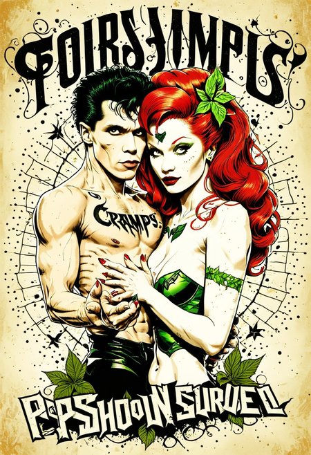 score_9, score_8_up, score_7_up, score_6_up, score_5_up, <lora:bp4rtXLP:1> bp4rt, Tshirt_design, (2_people_centre), 1_male, 1_female ((Lux Interior and Poison Ivy; the Cramps)) psychobilly artwork featuring musicians ((Lux Interior)) ((The Cramps logo)) ((poison Ivy)), <Lux_Interior_Poison_Ivy_the_Cramps>, perfect hands, faded grainy scratched splash, image edge faded splash border, portrait angle, psychobilly_rockabilly_vintage, comic illustration T-shirt Designescalating terror; a chilling sequence crafted by the master of horror, director James Wan, with spine-tingling VFX from Patrick Tubach <lora:Vector cartoon illustration-000008:1>