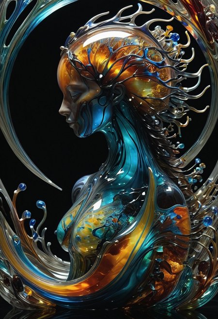 made out of,colorful,liquid,Murano Art glass,Human internal organs,woman,
In the deep sea, where the sun's rays never reach, abyssal structures, their bioluminescence a pulsating sphere of blown glass, their bodies a tapestry of obsidian shards, reflect the faint light of unseen creatures, waiting patiently for their prey.,universe,Human internal organs