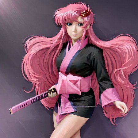 lacus clyne, cute, asian, satin silk kimono, black kimono, long sleeves, long hair, pink hair, hair ornament, wielding katana, japanese sword, dojo, full body image