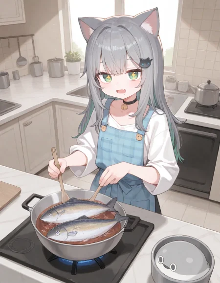 1girl, nachoneko, momoko \(momopoco\), sumiyao \(amam\), reel \(riru\), e-note, konnyaku \(kk-monmon\), ciloranko, ningen mame, wagashi \(dagashiya\), (drooling, mackerel \(fish\), +_+, sparkling eyes:1.1), detailed background, shichirin, smoke, kitchen, sacabambaspis, 
very awa, very aesthetic, masterpiece, best quality, amazing quality, absurdres <lora:dj_sloppa_ill_v2:0.1> <lora:nyaliaXLNBVP1lokrV6311P:0.1> <lora:n_XLNBVP1lokrV6311P:0.2> <lora:ricotte2:0.2>  <lora:748cmXLNBVP1lokrV6311PZ:0.2>