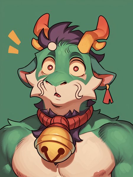 score_9, score_8_up, score_7_up, high quality, hires, male, solo, meesh, by meesh, anthro, furry, shock, surprised, horns, red eyes, bell, topless, looking at viewer, <lora:Greene:0.8>, <lora:Meesh_Style_B:0.8>