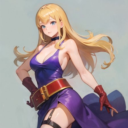 (masterpiece, best quality, high resolution),cowboy shot,dress,side slit,cleavage, gloves,choker , belt,thigh strap, purple dress,  bare shoulders,   <lora:BJenet-000003:1>