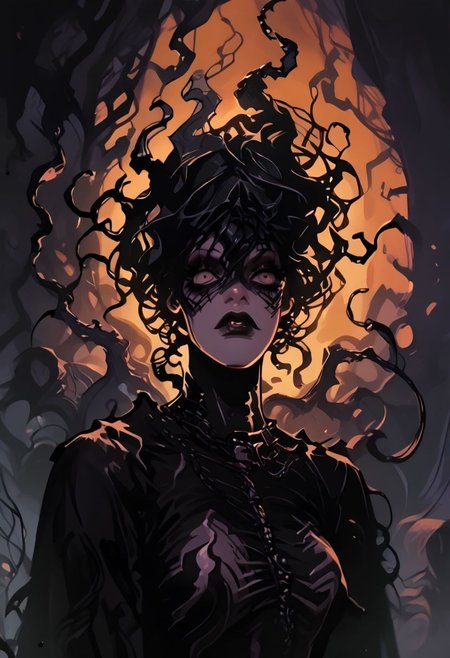 score_9, score_8_up, score_7_up, score_6_up,  fl4ttr1p,
goth, Venom,1girl, solo, vamp girl, goth core, symbiote,