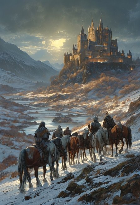 A captivating night scene illustration featuring Camelot in winter on large  hill overlooking a lake in Wales.   Camelot ancient but well maintained and updated and comfortable to live in.  This enchanting artwork captures a serene and peaceful early morning, where the sun is just starting to rise over the beautiful hills and Camelot  which   stands resolute amidst snowy  hills of Wales, brave knights ride out mounted on horses and clad in protective armor,  creating a cinematic experience back to the times of King Arthur and his knights, 
 illustration, cinematic
<lora:DonM3t3rn1tyXL-v1.1:0.7>, DonM3t3rn1tyXL,
OverallDetailXL  <lora:MJ52:0.3>  <lora:SDXLFaeTastic2400:0.4>  <lora:EpicF4nta5yXL:0.7>