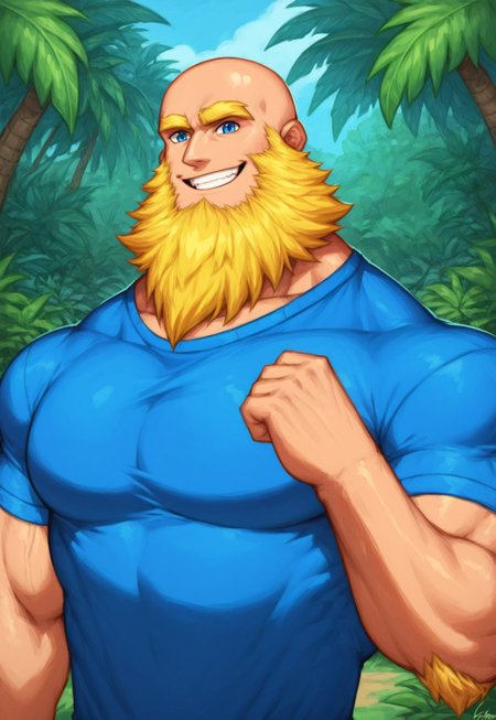 score_9, score_8_up, score_7_up, score_6_up, score_5_up, score_4_up, rating_questionable <lora:gomtang_style_1:1>, <lora:add-detail-xl:1.5>, Completely Bald, Half Body, Flexing Muscle With One Arm, (Tropical House Scenery), 1boy, {Strong Triangular Jawline}, bodybuilding, {massive pectoral}, {beefy muscle}, Tall, Goliath, Rugged Features, Chiseled Features, Mature Male, 40-Year Old Man, {Thick Yellow Eyebrows}, {Blue PE Teacher Shirt, PE Outfit}, Blue Eyes, Brawl Stars Style, Saying Hi, Closed Mouth Smile, Highlights,, Bald, Strong Neck, Epic Beard, {Very Long Beard}, Big Beard, Small Waist, Huge Biceps, ({Yellow Beard}), GomTang, {very long big epic beard), <lora:Cruz'sBeardedMan:0.7>, Looking At Viewer, Masterpiece, (Neck Mane, Beard Covering Neck, Beard Covering Chest), Hairy, Fixed Hands
