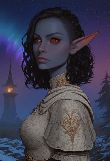 solo, medium pointy ears, nord woman, random elf face, Iraqi features, dark elf, animated realism, torso, tundra, watchtower, tents, distant pine trees, grey-blue skin, scarlet and gold clothes, red sclera, black pupils, stream, distant mountains, aurora, night sky, blue-green light, neon,  stars, highly detailed, defined features, looking at viewer, three quarters view, from side, dynamic lighting, 36 years old, light and shadows, black and silver clothes, dusk, paisley doublet, determined expression, expressive eyes, detailed medieval clothes, medium_breasts, medium hair, wavy hair, thick hair, braided hair, under cut hair, semirealistic, alien elf, spanish features, jewish features, black hair, dark red hair, umber skin, sharp features, linen cloak, nighttime, high detail, absurdres, pretty eyes, detailed eyes, yellow eyes,