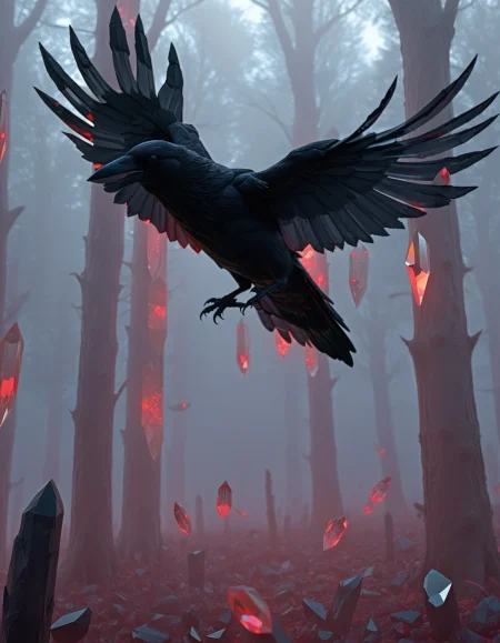 rp_slgd, illustration of a crow flying through a forest, trees, claws, beak, misty morning, sunny, foggy,  crystal, glow, eerie  <lora:zzz_trained\xl_rpr_soulgemmed_v1>