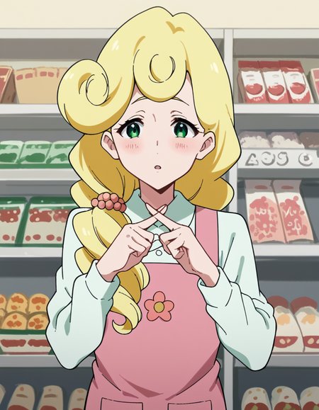 score_9, score_8_up, score_7_up, source_anime, <lora:kaori-hanase-s1-ponyxl-lora-nochekaiser:1>, kaoru hanase, long hair, blonde hair, hair over shoulder, green eyes, curly hair, otoko no ko,, apron, shirt, collared shirt, long sleeves, pink apron, denims, pants,, convenience store, snacks, shelves, counter, quick, , <lora:x-fingers-ponyxl-lora-nochekaiser:1>, x fingers, blush, parted lips,, looking at viewer, solo,, dutch angle, cowboy shot