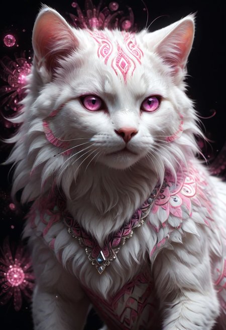 Magical creature, adorable white cat, hyper realistic, glowing pink tribal patterns on the fur, pink eyes, abstraction,  shading, bold, 3D, UHD, multidimensional, deep fractal, etched shapes, dark, close-up, sparkling pink particles, 8k award winning, portrait, looking at viewer