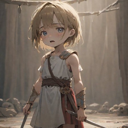 (( dirty )), depth of field, masterpiece, best quality,
fear, crying, giving up, ((emaciated)), ((grieving)), ((Exhausted)),
newbie little,
Girl gladiator ,
(Damaged cloth ),
full body,
<lora:more_details:0.5>