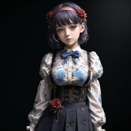<lora:porcelain_gzhel_black:1.0>, (black  porcelain, Gzhel, rococo:1.0), 

 1girl, bangs, black background, black ribbon, black rose, black skirt, blue eyes, bow, bowtie, breast hold, breasts, bursting breasts, buttons, collared shirt, dress shirt, eyebrows, eyebrows visible through hair, eyelashes, flower, frilled sleeves, frills, hair flower, hair ornament, hairband, hand on own cheek, head tilt, high-waist skirt, highres, large breasts, looking at viewer, parted lips, puffy short sleeves, puffy sleeves, purple hair, red bow, red bowtie, ribbon, ringed eyes, rose, shirt, short hair, short sleeves, signature, simple background, skirt, solo, suspender skirt, suspenders, white shirt