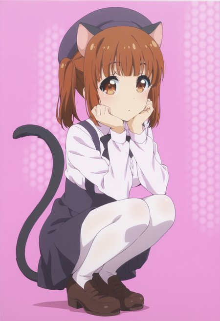 anime screencap, anime coloring,  <lora:DX888Yui:1> nekohime, brown eyes, brown hair, twintails, blunt bangs, cat ears, cat tail BREAK    beret, black skirt,  loafers, pantyhose, shirt, suspender skirt, collared shirt, black bowtie, white pantyhose, white shirt, long sleeves, BREAK simple background, pink background,   honeycomb background, BREAK     1girl, full body, hand on own face, looking at viewer, solo, squatting,