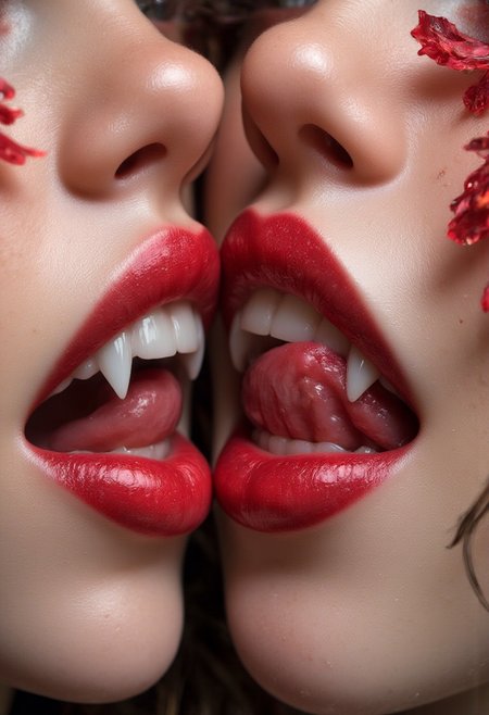 Midjourney_Whisper,A close-up of two woman's tongue kissing each other, two tongue intertwining. they have a very long demonic tongues. their tongue is long and forked like a snake. Her tongue is curly and are touching her plump lips, lip filler, vibrant  red blood flowers and from the drawn contour, symbolizing beauty and growth. big lips, bimbo lips, The flowers are red like blood blending harmoniously with the natural lip color. Vampire teeth, vampire fangs, long fangs. The scene is highly detailed, with a focus on the soft texture of the lips and the rich. The background is softly blurred, drawing attention to the blooming effect around the lips.
