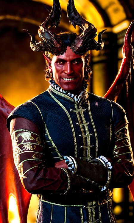 score_9, score_8_up, score_7_up, BREAK 1boy, solo, photorealistic, realistic, photo, film grain, male focus, short hair, black hair, orange eyes, black sclera, colored sclera, colored skin, red skin, demon boy, demon horns, multiple horns, demon wings, demon tail,  standing, crossed arms, mature male, frills, formal, looking at viewer, BREAK dark, upper body, grin  indoors, fantasy, raphael \(bg3\),  <lora:bg3_raphael-000009:0.85>