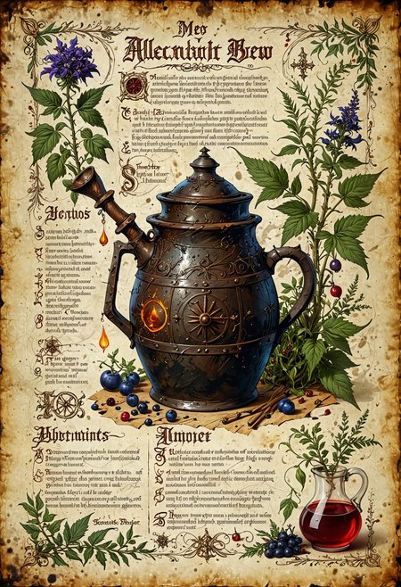 illustrated medieval recipe of alchemist brew made with occult ingredients and demonic plants, on parchment with scratches, intricate details, muted colors, high resolution
<lora:EpicF4nta5yXL:0.8>
<lora:add-detail-xl:1>
<lora:WildcardX-XL-Detail-Enhancer:1>
<lora:MJ52:0.375>
<lora:CinematicStyle_v1:0.42>