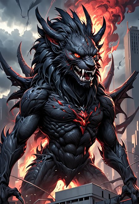 A Giant black lion Fenrir, protruding from gigantic city, fire emanates from its mouth, webbed wings, steel claws, horns, red eyes, angry, anger, 1lion, anthro, webbed wings, steel claws, horns, (((lion king head))), (((solo))), demonic, necromancy, xenomorphic skin, xenomorphic toes, focus, red eyes, demonic  angry, anger, realistic illustration, 4K, detail, apocalyptic, lightning, darkened sky. Background shapes mimic the blurred motion of the surroundings, creating a sense of urgency and excitement. The overall atmosphere is energetic and vibrant, capturing the essence of competition and speed in a modern, artistic style. Hyper-detailed digital art, contemporary and dynamic, vibrant colors, highly detailed, 8K resolution.
style of greg rutkowski, janek sedlar, jenny saville:0]  <lora:vivid_everclear:0.35>  <lora:Sinozick:0.35>  <lora:MJ52:0.35>