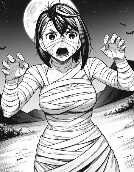 score_9, score_8_up, score_7_up, source_anime, <lora:momo-ayase-manga-ponyxl-lora-nochekaiser:1>, momo ayase, short hair, bangs, thick eyebrows, monochrome, greyscale, medium breasts,, <lora:mummy-costume-ponyxl-lora-nochekaiser:1>, mummy costume, bandages, halloween costume, bandaged arm, zombie pose, bandage on face,, desert, moon, night, open mouth, , dutch angle, cowboy shot