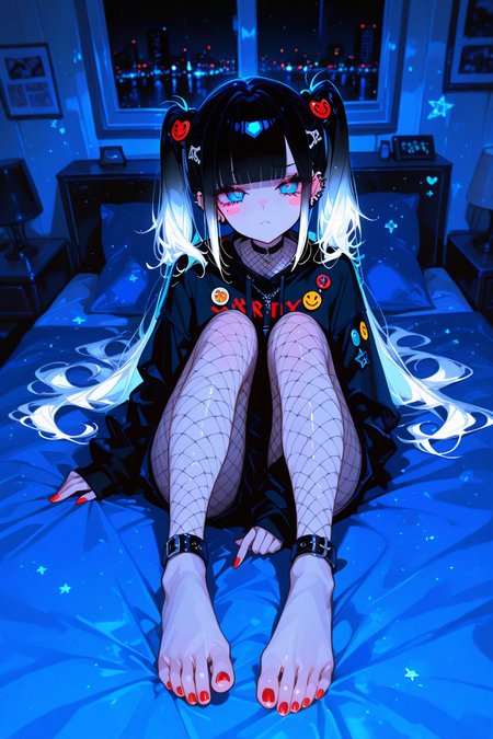 masterpiece, best quality, Good quality, very aesthetic, absurdres, newest,
BREAK
 1girl, solo, long_hair, looking_at_viewer, blush, black_hair,gradient hair,white hair,hair_ornament, jewelry, twintails, blue_eyes,heart, earrings, blunt_bangs,  star_\(symbol\), 
BREAK
slutty,horny,sexually suggestive, 
BREAK
mole,mole_under_eye,frown, blush_stickers, red_nails, ear_piercing, short_twintails,straight-on, badge,extra_eyes, button_badge, sticker, smiley_face,
BREAK
((lying,full body,fishnets, barefoot,))(on_bed,indoors,dark,night)
BREAK
<lora:USNR STYLE_XL_loha:0.4> <lora:MoriiMee_Gothic_Niji_Style__Pony_LoRA:0.7> <lora:ppw_v7_Illuv1.0_1_r2:0.3> <lora:XXX477:0.6>