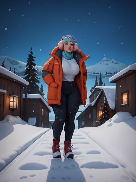 core_9, score_8_up, score_7_up, score_6_up, score_5_up, score_4_up, 1girl, huge curvy, large breasts, Curly Glamour Waves, puffer jacket, thick down jacket, snow pants, black pants, outdoors, snowy landscape, freezing cold, snowstorm, night, snowing, covered in snow and ice, <lora:Polar_Parka_-_Pony:1>