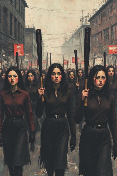 apoca1 illustration. a group of women marching, holding baseball bats. The background is a dark gray brick wall, and the sky is a light gray  <lora:apocalypse_now1_fl_d4a2:1.0><lora:803273882384601259:0>