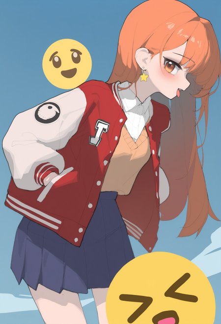 masterpiece, best quality, newest, absurdres, highres, very awa, anime screencap, limited palette, no lineart, sketch, eye focus, korean, blue background, simple background, 1girl, letterman jacket, aegyo sal, orange hair, jacket, long hair, skirt, smile, looking at viewer, pleated skirt, hands in pockets, solo, jewelry, shirt, orange eyes, emoji, floating emoji, open mouth, blush, earrings, white shirt, red jacket, >_<, long sleeves, collared shirt, tongue, open jacket, open clothes, star \(symbol\), sweater, cowboy shot, smiley face, sweater vest, :d, leaning forward, blue skirt, tongue out, brown eyes, no lineart, profile