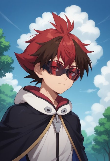 score_9, score_8_up, score_7_up, source_anime, highly detailed, 
hiroryuga, 1boy, male focus, solo, red hair, multicolored hair, two-tone hair, cape, visor glasses, upper body,
brown hair, hood, stretched arm,
outdoor, sky, clouds, tree