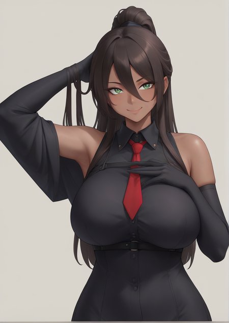 1girl, zone (hara kenshi), huge breast, arm up, armpits, beige background, black gloves, black shirt, brown hair, brown necktie, character name, chest harness, closed mouth, collared shirt, dark-skinned female, dark skin, elbow gloves, english text, framed, gloves, green eyes, harness, long hair, necktie, ponytail, shirt, sleeveless, sleeveless shirt, smile, solo, upper body, zPDXL3 <lora:Windovvs:0.7>