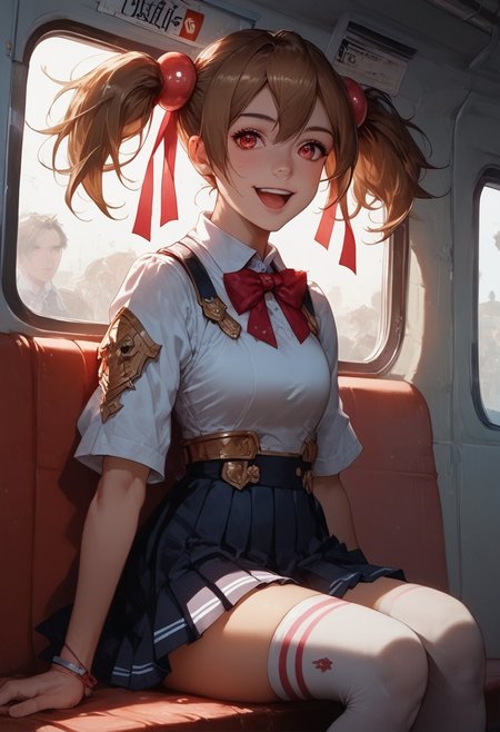 score_9, score_8_up, score_7_up, 1girl, silica, solo, skirt, brown hair, open mouth, red eyes, thighhighs, breastplate, twintails, white background, black skirt, pleated skirt, armor, smile, ribbon, bus station, bus stop, public place nighttime vibrant lighting, street lights, high contrast, dramatic shadows, highly detailed, detailed skin, depth of field, tilted angle, moody lighting, exy pose,professional lighting, perfect quality, high quality, photorealistic, sitting,  (((supermodel))),((goddess))