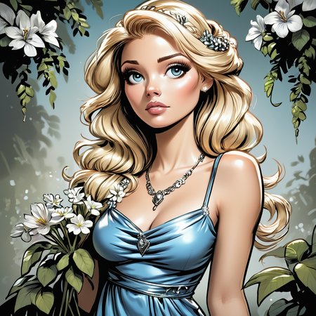 core_9, score_8_up, score_7_up, score_6_up, <lora:Azure_Sketch_IllustrationPony:1>  ArsMJStyle, AzureSketch, Virgo, A woman with long blonde hair in a blue dress and necklace, surrounded by a wreath of flowers and leaves. 1girl, solo, flower, long hair, blonde hair, blue dress, jewelry, hair ornament, serene.