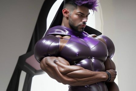 Muscle mainly Gay hare, Purple fure, human dody forward bended long eirs, wearing black leather harnes