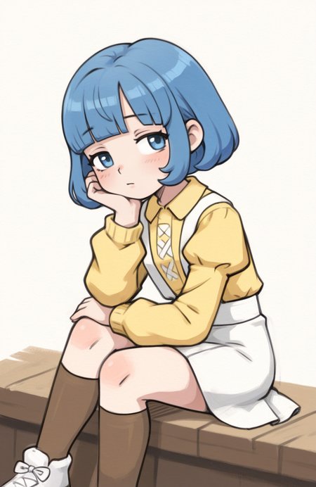 1girl, solo, <lora:qtkat:0.9> qtkat, traditional media, watercolor \(medium\), 
<lora:Seraphi-DQX:0.8> seraphi \(dqx\), bob cut, blue hair, blunt bangs, grey open sweater, cross-laced sweater, juliet sleeves, yellow collared shirt, sleeveless dress, white suspender skirt, brown over-kneehighs, white yeezy, sitting, chin resting on hand, thoughtful gaze, pensive expression, calm expression, extremely detailed, highres, masterpiece, best quality