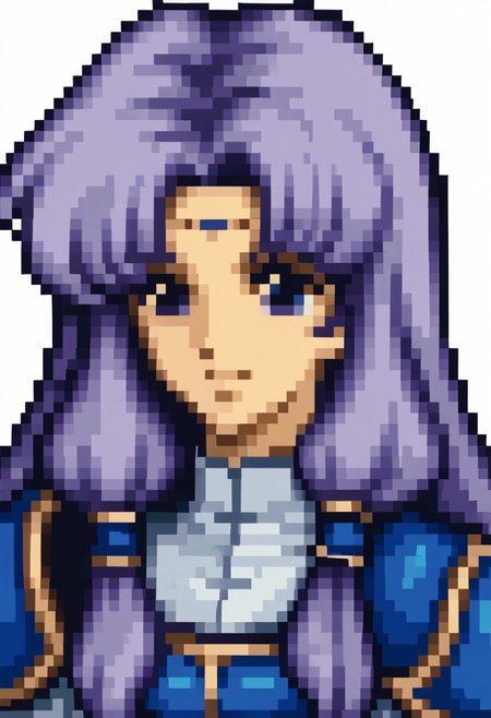 score_9, score_8_up, score_7_up, source_anime, 1girl, solo, smile,
<lora:zs_FE4PortraitsXL:1> fe4portraits, portrait, pixel art, white background
,<lora:NSFlorinaFE7:1> NSFlorinaMain, white dress, blue breastplate, blue pauldrons, circlet, parted bangs, high collar, light purple hair, long hair, low-tied sidelocks