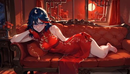 score_9, score_8_up, score_7_up, score_6_up, detailed, high quality,masterpiece, best quality, high res, <lora:Nyantcha:0.7>,  nyantchastyle, semi-realistic, (1girl),  <lora:Ryuuko_Pony:0.6>, matoi ryuuko, blue_eyes, streaked_hair, red_gloves, single_glove, blushing, expressiveh,  <lora:Expressive_H:1.4>,  <lora:detailed_notrigger:1>,  <lora:EroticJiangshiCostumeV3:0.8>, red china dress,  solo focus, looking at viewer,  <lora:Concept Art Brush Style LoRA_Pony XL v6:0.5>, on long leather sofa, fancy room, window looking to the moon, resting on bench, night, faint moonlight, charming, full body view, panorama, bare feet, soft smile, slightly lifting up dress,  slight oily skin,  <lora:quality_modifiers_masterpieces_v1:1>, <lora:zy_Realism_Enhancer_v1:0.2>
