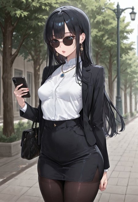 (detailed background:1.1), dynamic pose, (bloom, depth of field, vignetting:1.2), street, 1girl waiting to cross the street, lamppost, 
BREAK
(1girl, solo), black hair, long hair, bangs, long sidelocks, sunglasses, thick lips, standing, holding phone, looking at phone, smartphone, handbag, 
BREAK
office lady, suit, white shirt, suit jacket, black jacket, tight skirth, black pantyhose, necklace, earrings, 
BREAK
small breasts, pointy breasts, (skinny, narrow waist:1.2), (thick thighs:1.2), (hip dips:1.1), 
<lora:SOS_Style_-_Illustrious:1>