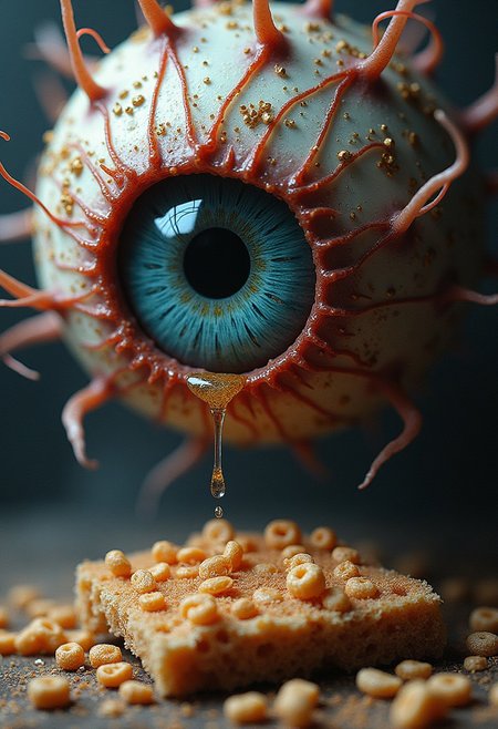 a fractal eyeball assassin eating square cereal
