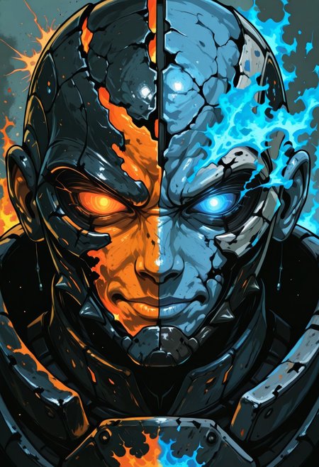 Split_Anomaly, An intense cybernetic humanoid with a cracked face divided into fiery orange and icy blue halves, glowing eyes radiating an ominous energy, surrounded by fragmented armor and electric sparks. The design exudes a dramatic balance of destruction and resilience.