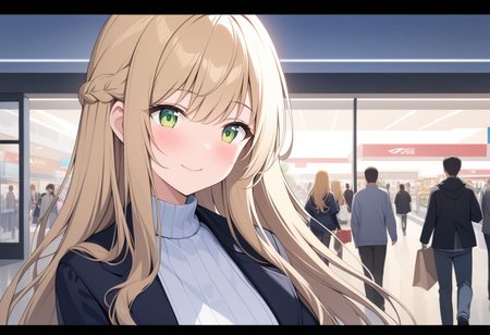 (extremely detailed CG unity 4k wallpaper),(masterpiece),(best quality),(ultra-detailed),(best illustration),(best shadow),(absurdres),(detailed background), (high res image), (High image quality),(Looking at the front),(looking at the audience),(Upper Body),
（A cute white dress,）
1girl, solo, 
Blush, smile,
long hair, Large breasts,
Braided long hair, blonde, Green eyes,
They walk and chat amicably in the shopping center.